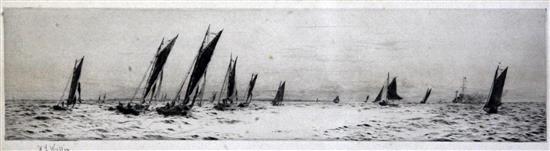 William Lionel Wyllie (1851-1931) Yacht racing off the coast 3.5 x 14in.